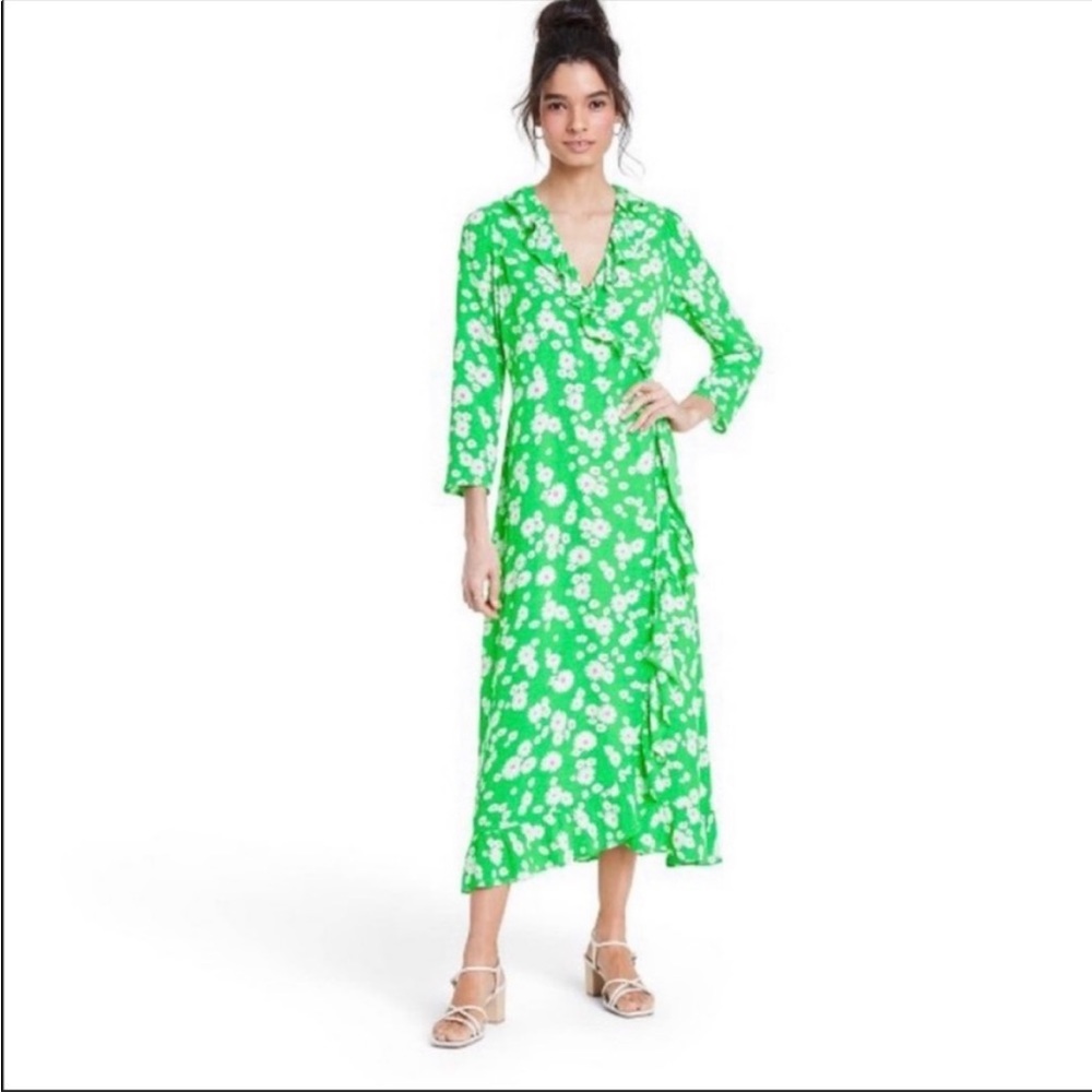 Rixo for Target Green Daisy Ruffle Midi Dress 3/4 Sleeve New with Tags